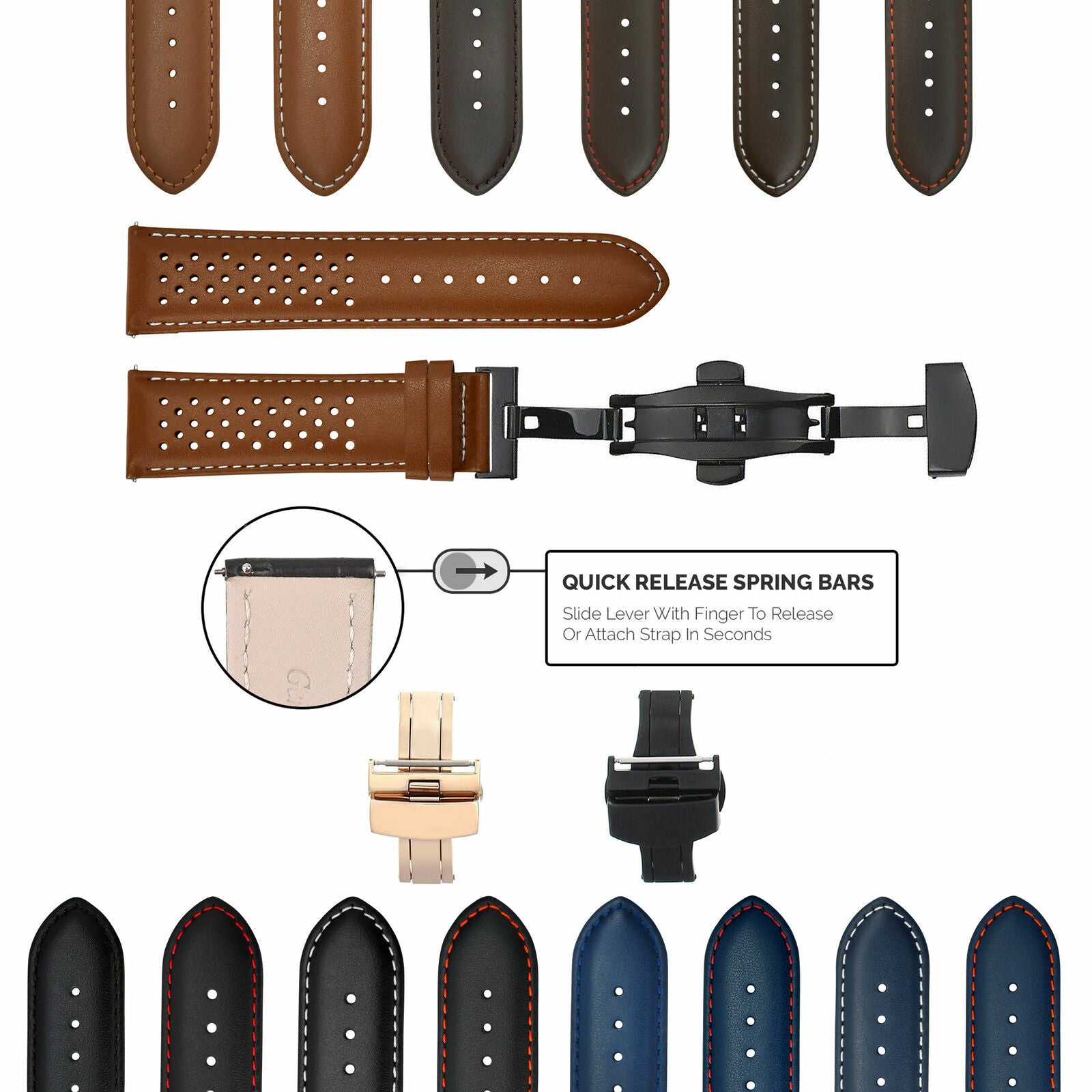 PERFORATED LEATHER RALLY WATCH STRAP BAND - QUICK RELEASE - 22MM