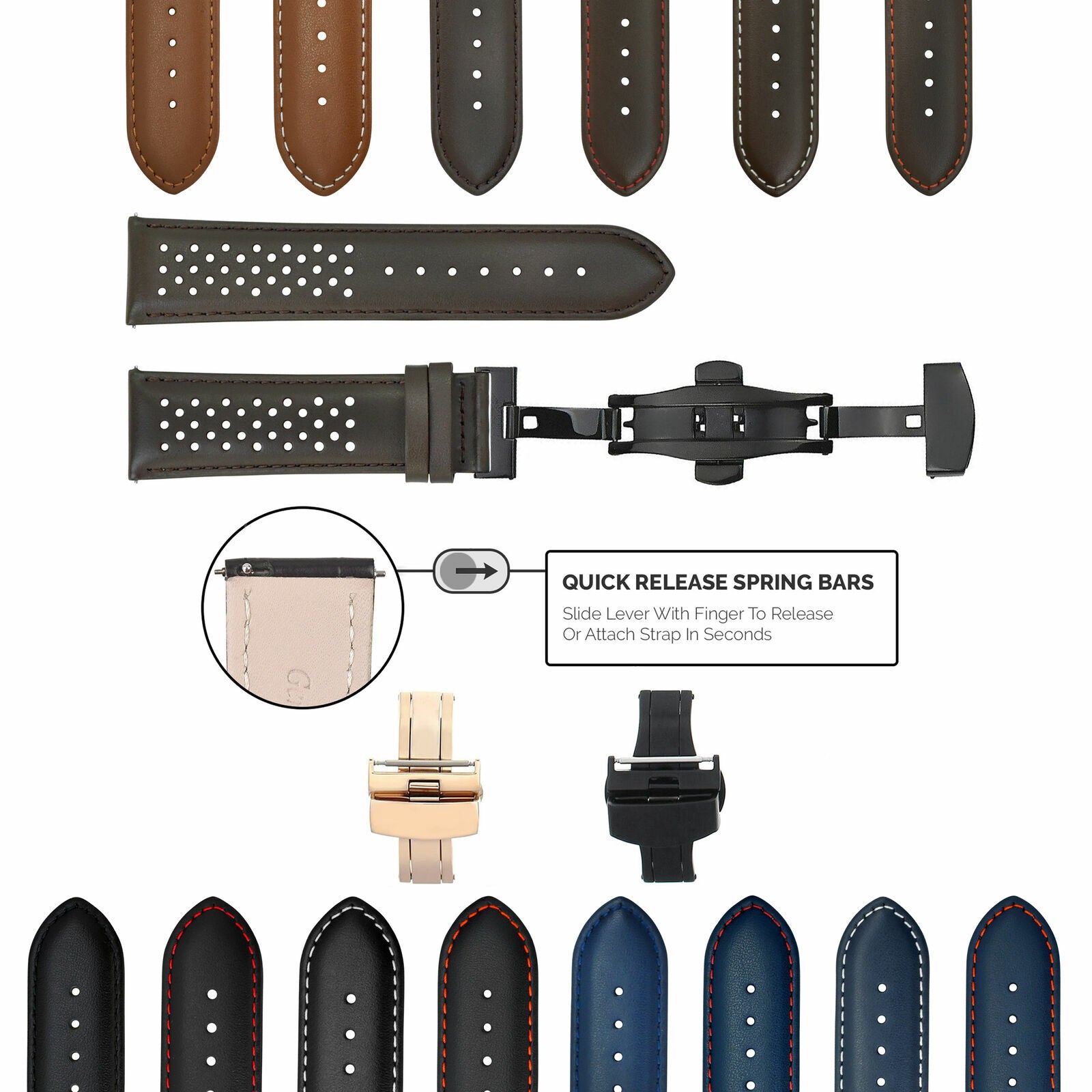 PERFORATED LEATHER RALLY WATCH STRAP BAND - QUICK RELEASE - 22MM