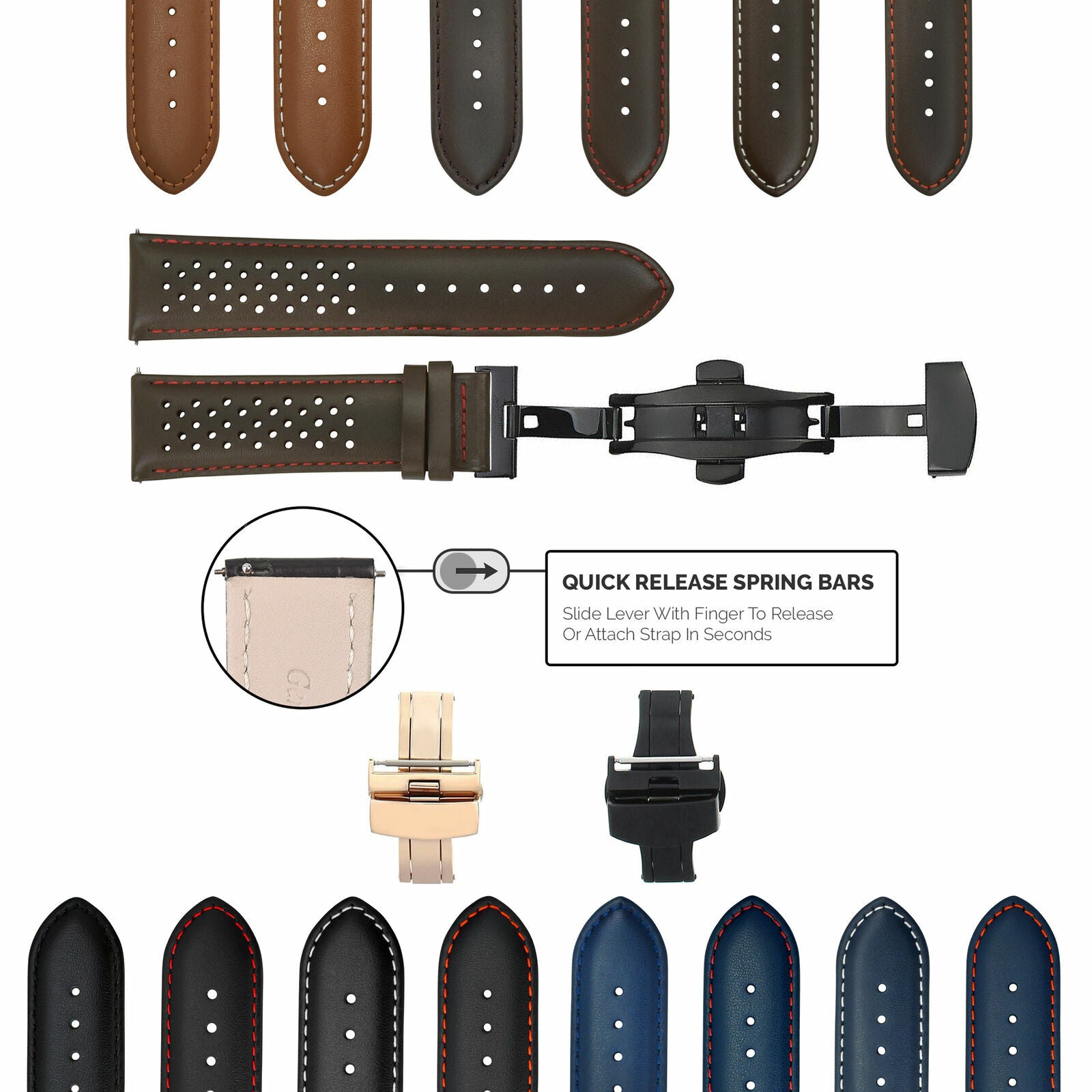 PERFORATED LEATHER RALLY WATCH STRAP BAND - QUICK RELEASE - 22MM