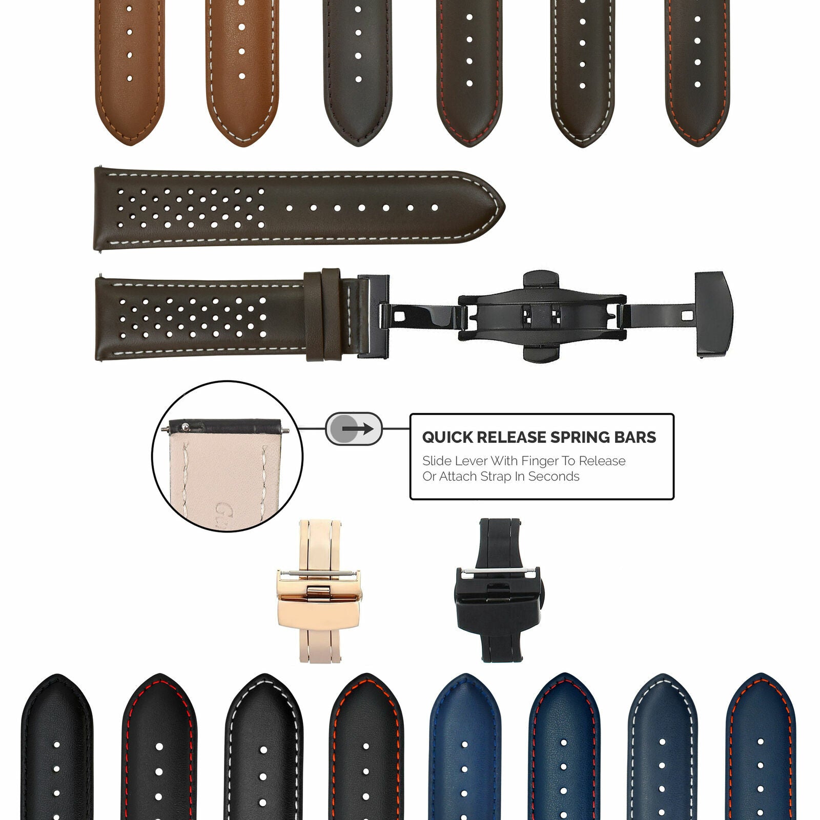 PERFORATED LEATHER RALLY WATCH STRAP BAND - QUICK RELEASE - 22MM