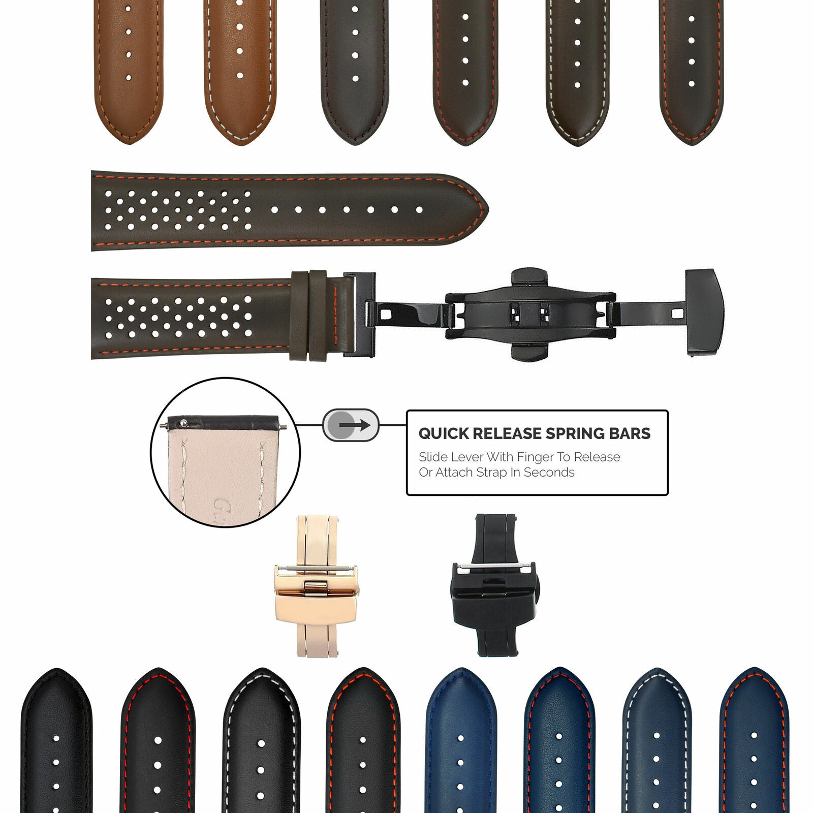 PERFORATED LEATHER RALLY WATCH STRAP BAND - QUICK RELEASE - 22MM