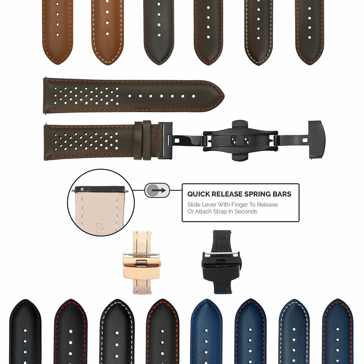 18-19-20-21-22-23-24MM PERFORAT LEATHER WATCH BAND STRAP FOR SEIKO QUICK RELEASE, Brown with Red Stitching
