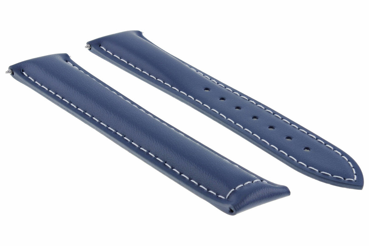 18-19-20-22-24MM CLASSIC MENS SMOOTH LEATHER STRAP BAND FOR ORIS WATCHES CLASP, Blue with White Stitching, front view