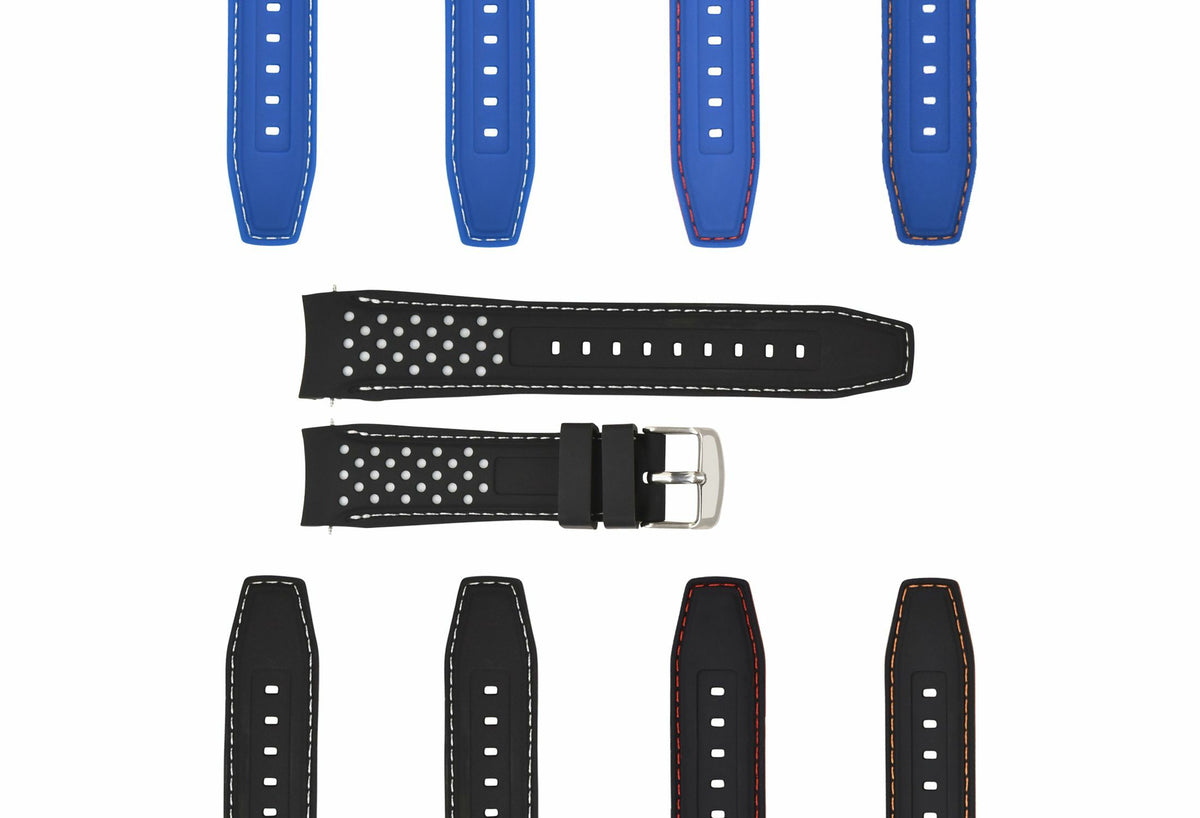 18-19-21-22-23MM CURVED RUBBER WATCH BAND STRAP FOR RALLY RACING PERFORATED, Black/Grey