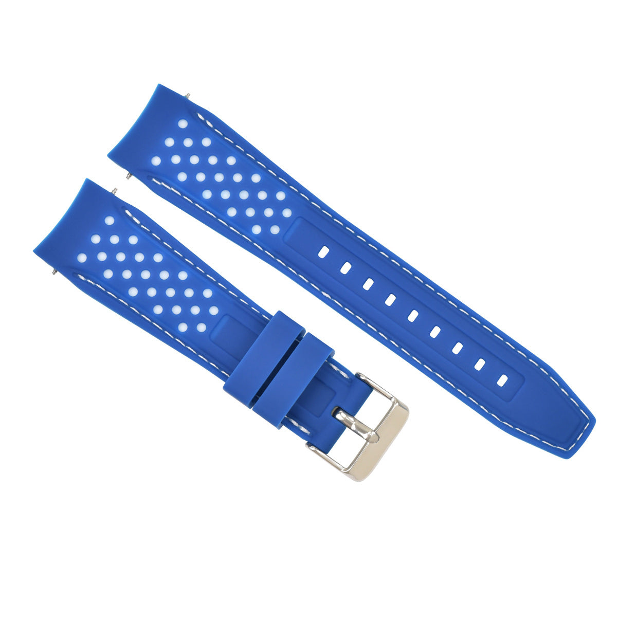 18MM CURVED RUBBER STRAP PERFORATED FOR CITIZEN ECO DRIVE WATCH BLUE WHITE STITC