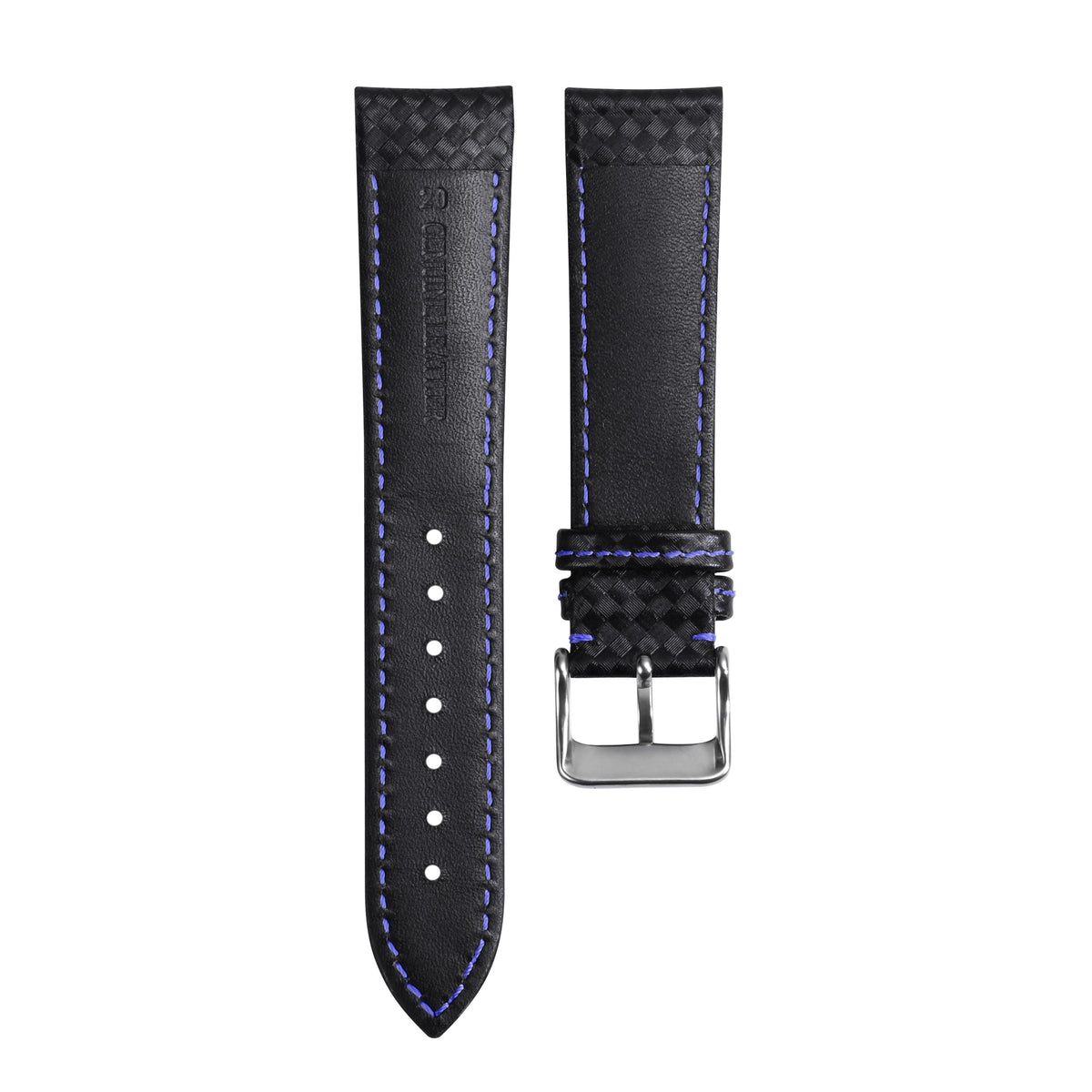 20-22MM BLACK CARBON FIBER LEATHER WATCH BAND STRAP FOR CITIZEN ECO DRIVE WATCH, Black/Blue Stitching, front view