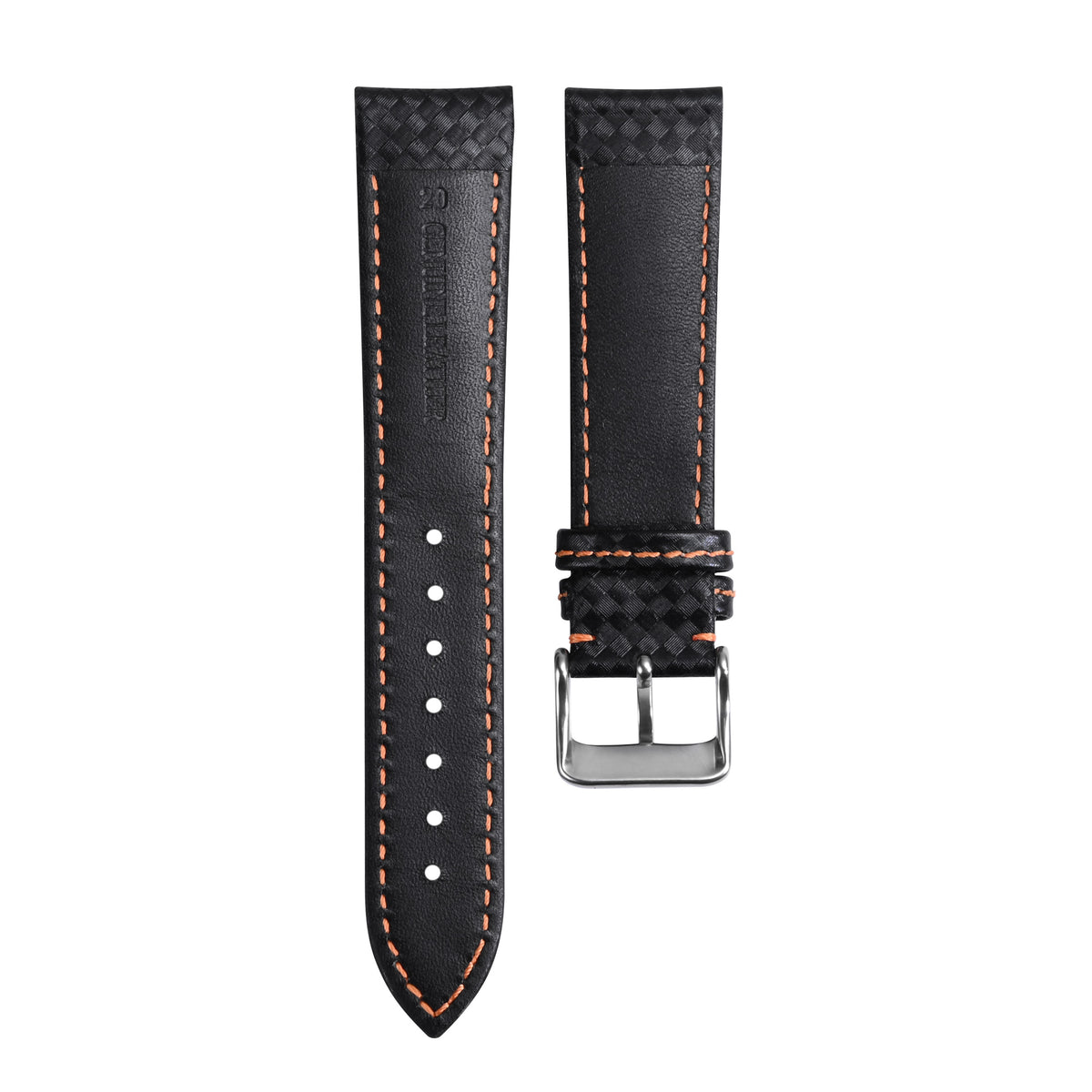 20-22MM BLACK CARBON FIBER LEATHER WATCH BAND STRAP FOR CITIZEN ECO DRIVE WATCH, Black/Orange Stitching, view 4