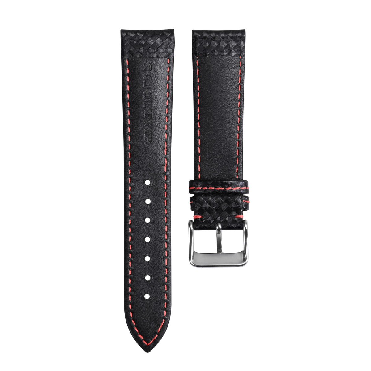 20-22MM BLACK CARBON FIBER LEATHER WATCH BAND STRAP FOR CITIZEN ECO DRIVE WATCH, Black/Red Stitching, view 4
