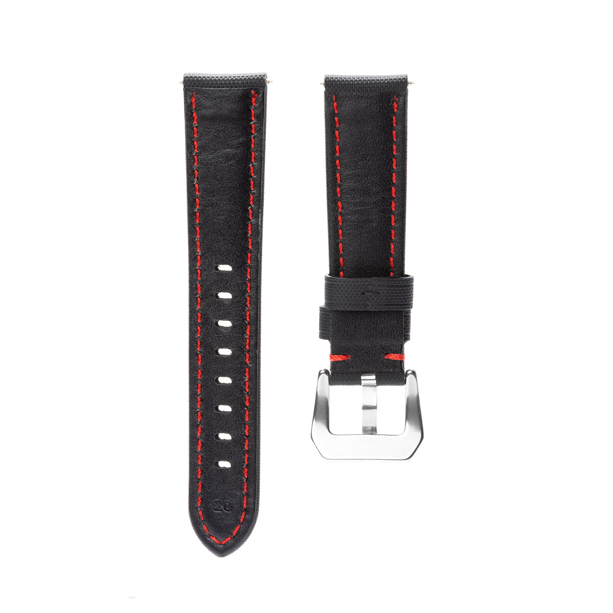 20-22-24-26MM Nylon Canvas Leather Watch Band Replacement Wristband Strap Watch, Black with Red Stitches, view 4