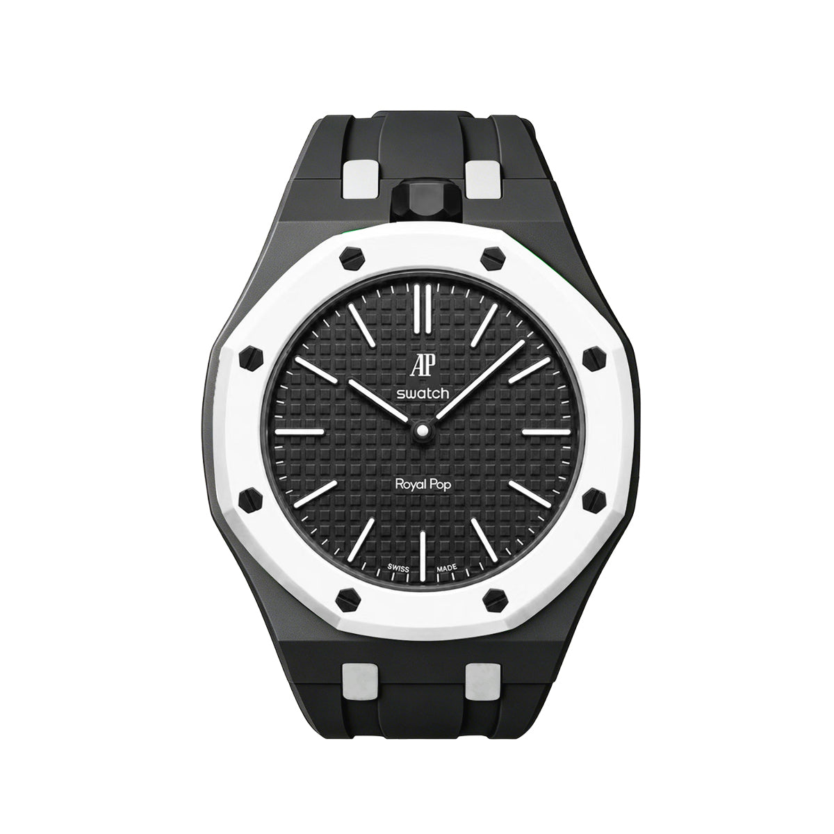Ceramic Case Silicone Strap Band for Royal Pop AP Swatch Pocket Watch Conversion, Black/white, view 3