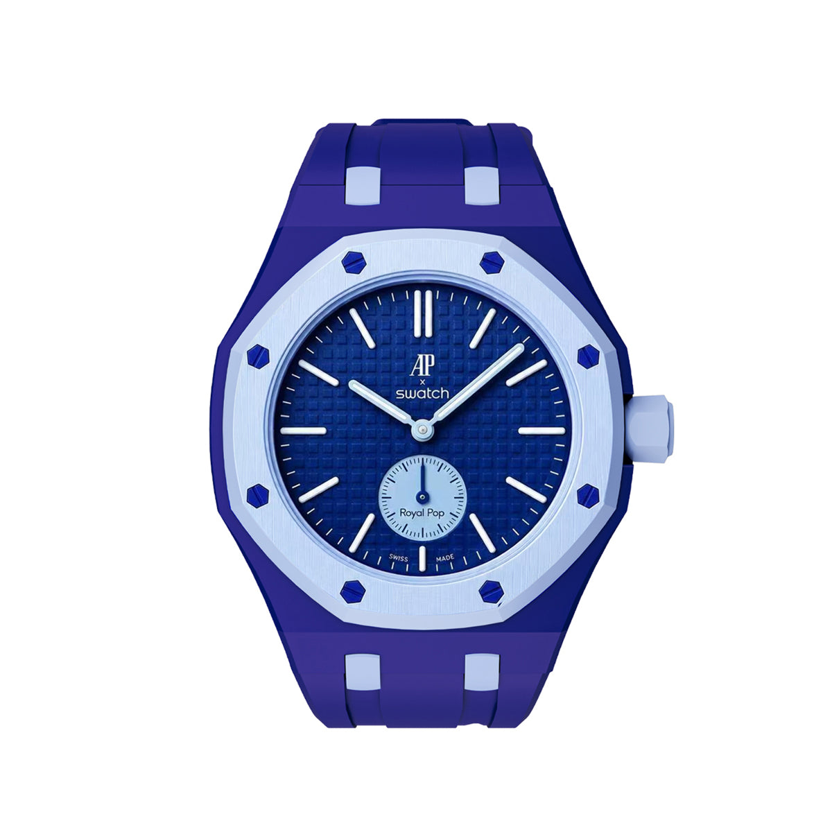 Ceramic Case Silicone Strap Band for Royal Pop AP Swatch Pocket Watch Conversion, Blue/white, view 3