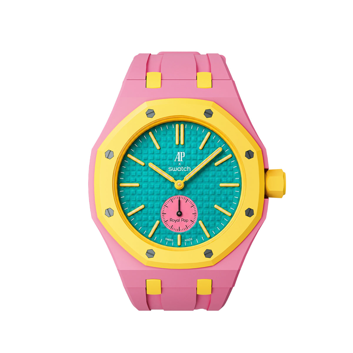 Ceramic Case Silicone Strap Band for Royal Pop AP Swatch Pocket Watch Conversion, Dark Pink/yellow, view 3