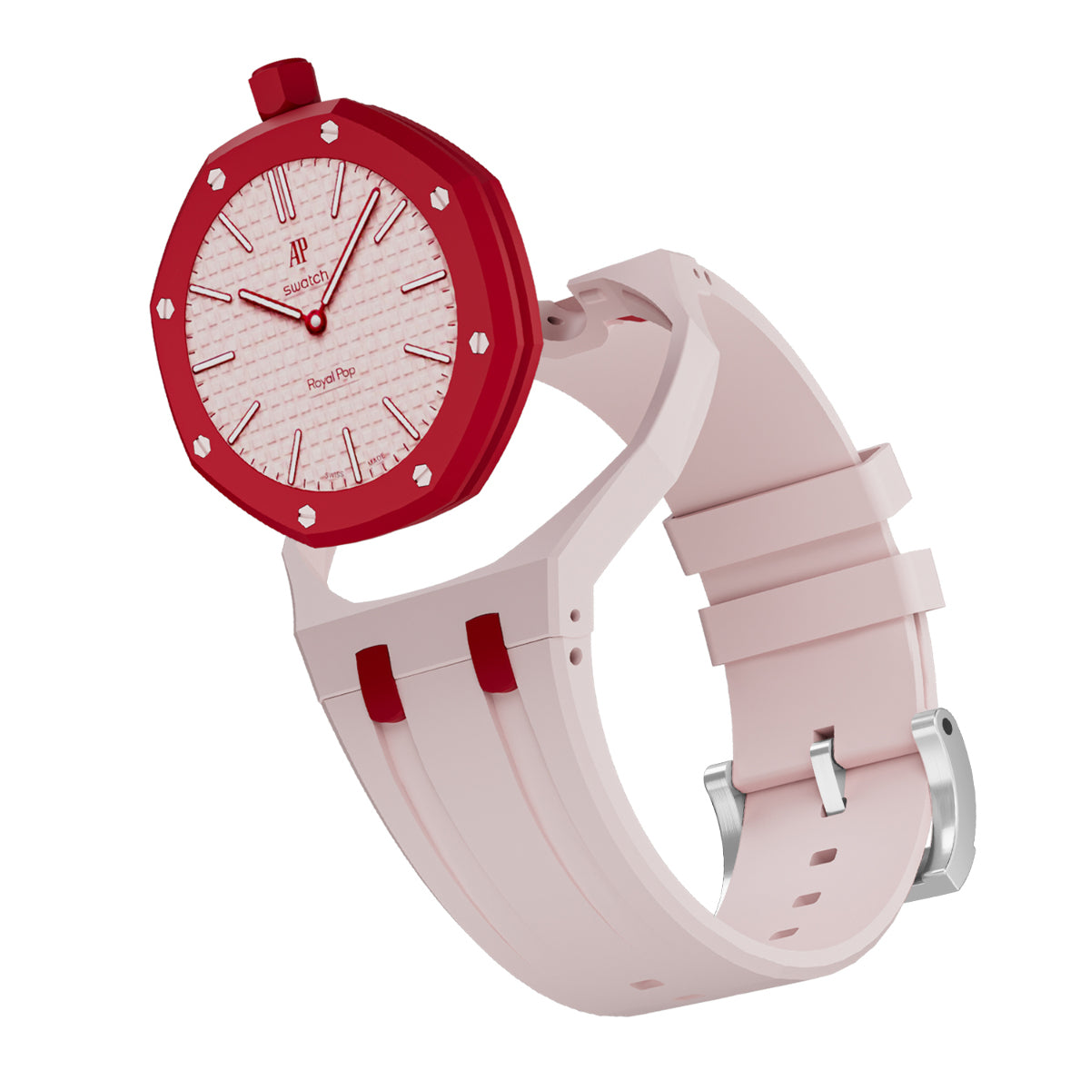 Ceramic Case Silicone Strap Band for Royal Pop AP Swatch Pocket Watch Conversion, Light Pink/red, view 2