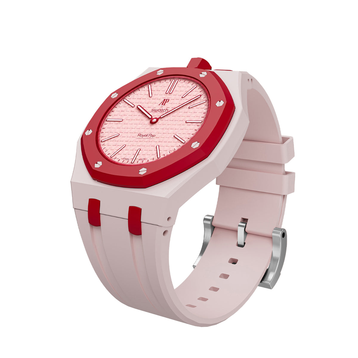 Ceramic Case Silicone Strap Band for Royal Pop AP Swatch Pocket Watch Conversion, Light Pink/red, view 4