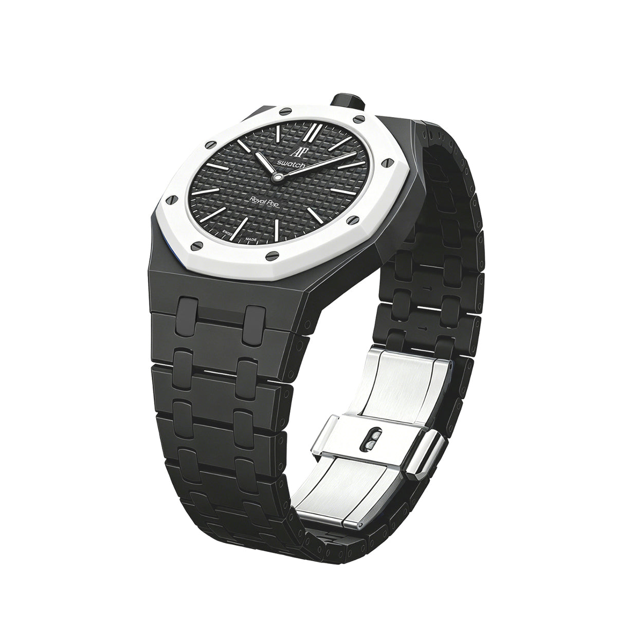 Ceramic Watch Strap Band with Ceramic Case Mod Kit For Swatch X AP Royal Pop, Black, front view