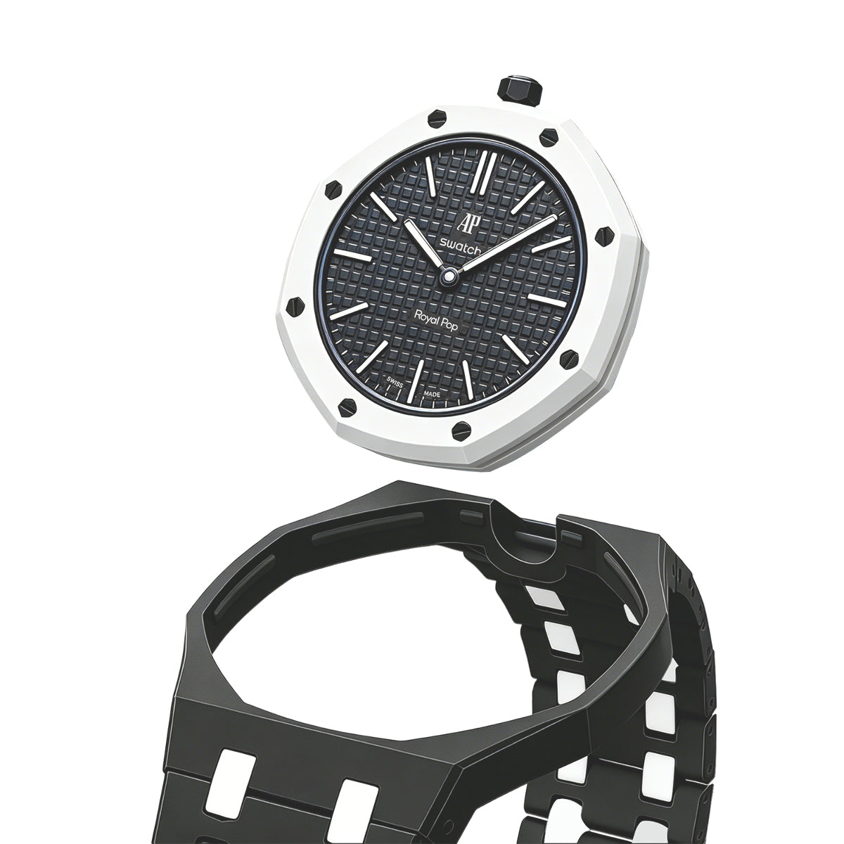 Ceramic Watch Strap Band with Ceramic Case Mod Kit For Swatch X AP Royal Pop, Black/white, view 2