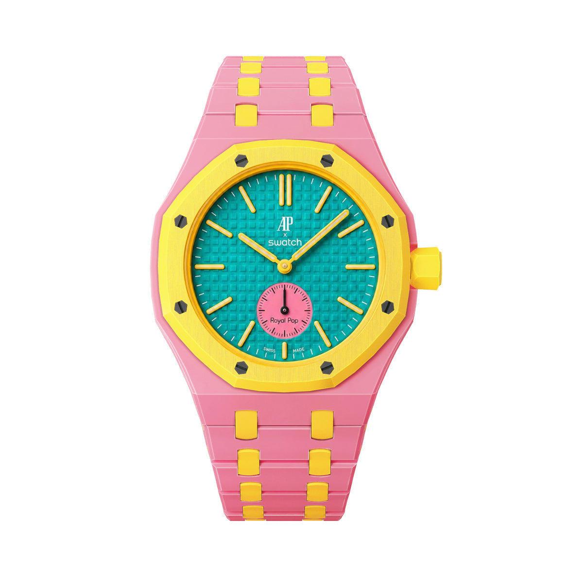 Ceramic Watch Strap Band with Ceramic Case Mod Kit For Swatch X AP Royal Pop, Dark Pink/yellow, front view