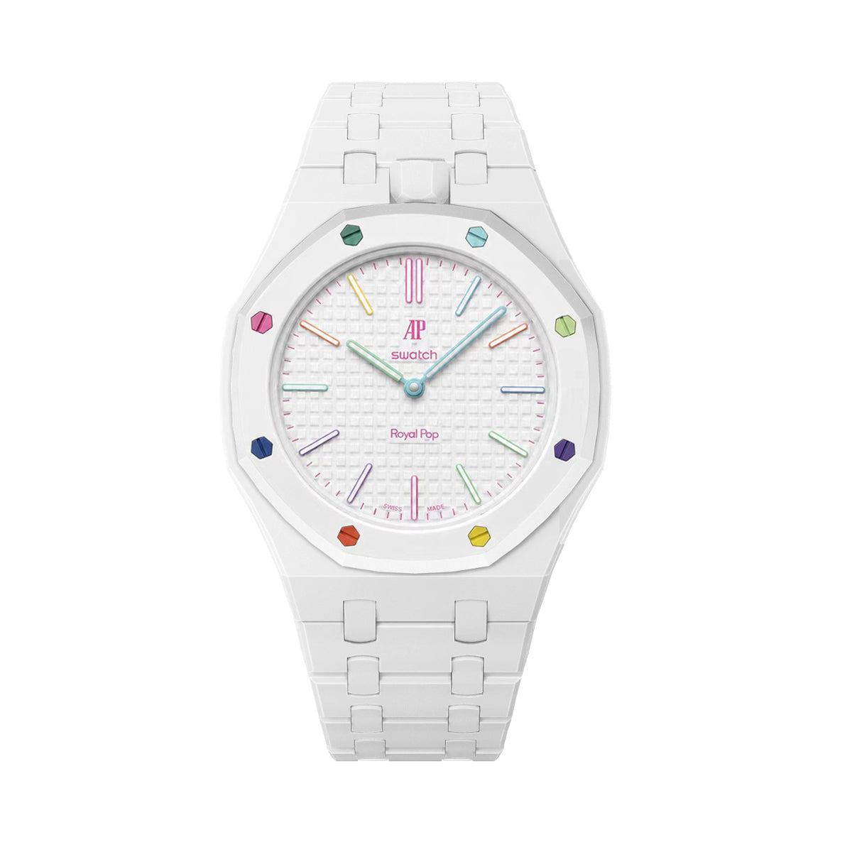 Ceramic Watch Strap Band with Ceramic Case Mod Kit For Swatch X AP Royal Pop, White, front view