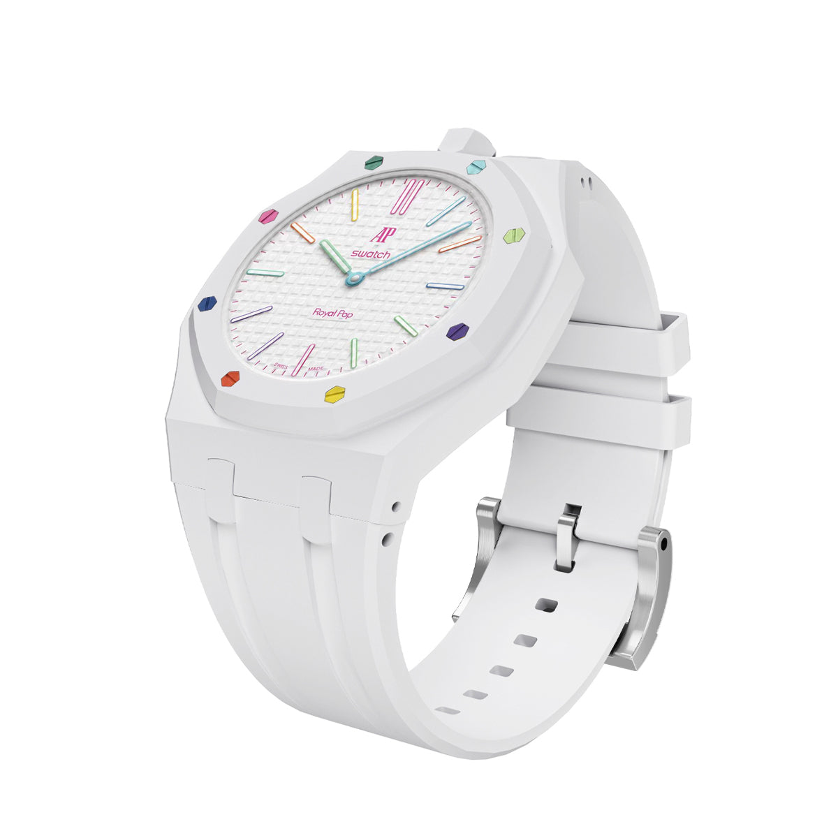 Ceramic Case Silicone Strap Band for Royal Pop AP Swatch Pocket Watch Conversion, White, view 3