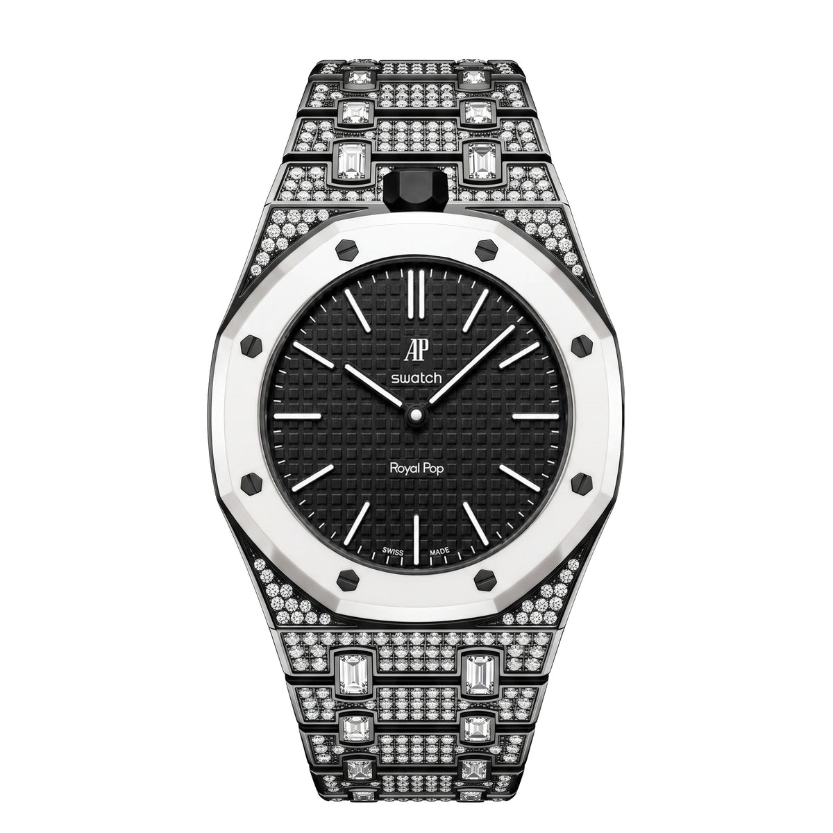 Ceramic Watch Case & Strap for Royal Pop AP Swatch Watch with Stones Blinged Out, Black, view 4