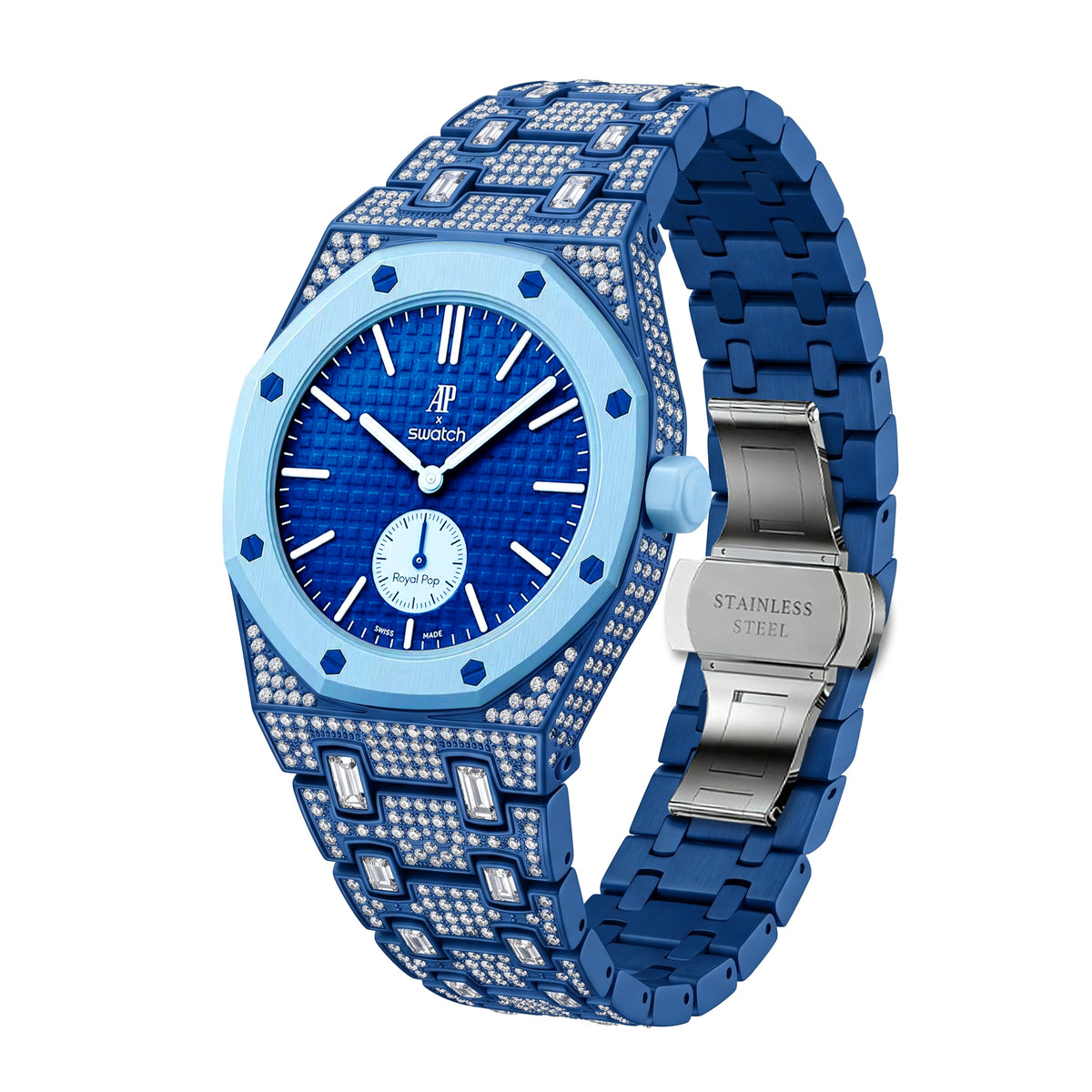 Ceramic Watch Case & Strap for Royal Pop AP Swatch Watch with Stones Blinged Out, Blue, view 2