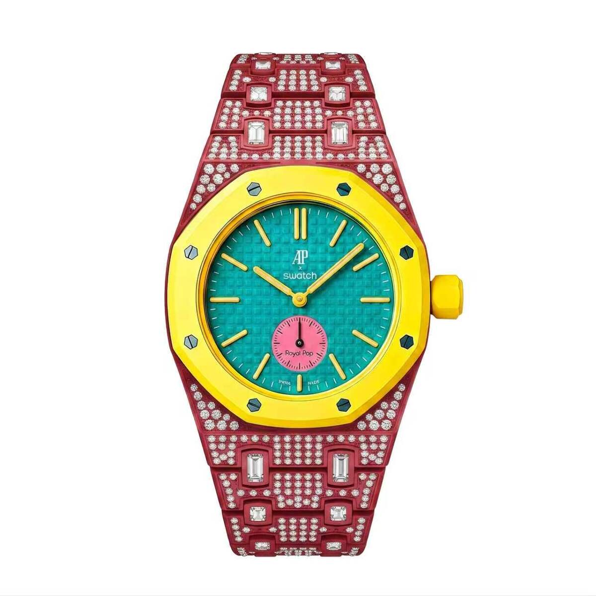Ceramic Watch Case & Strap for Royal Pop AP Swatch Watch with Stones Blinged Out, Dark Pink, view 2