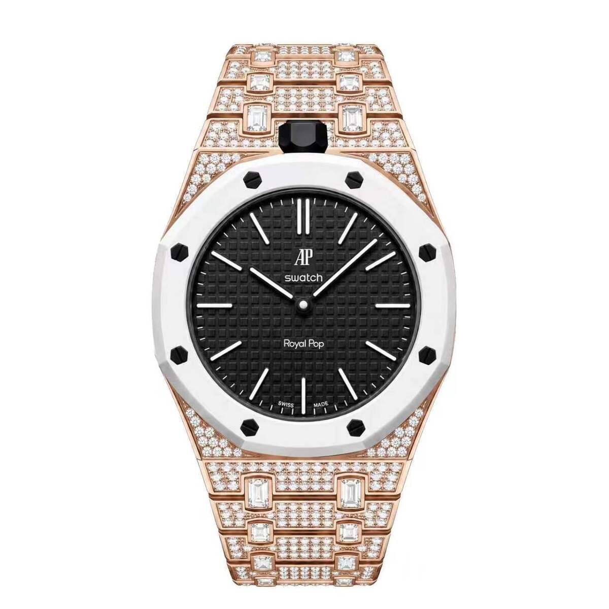 Ceramic Watch Case & Strap for Royal Pop AP Swatch Watch with Stones Blinged Out, Gold, view 2