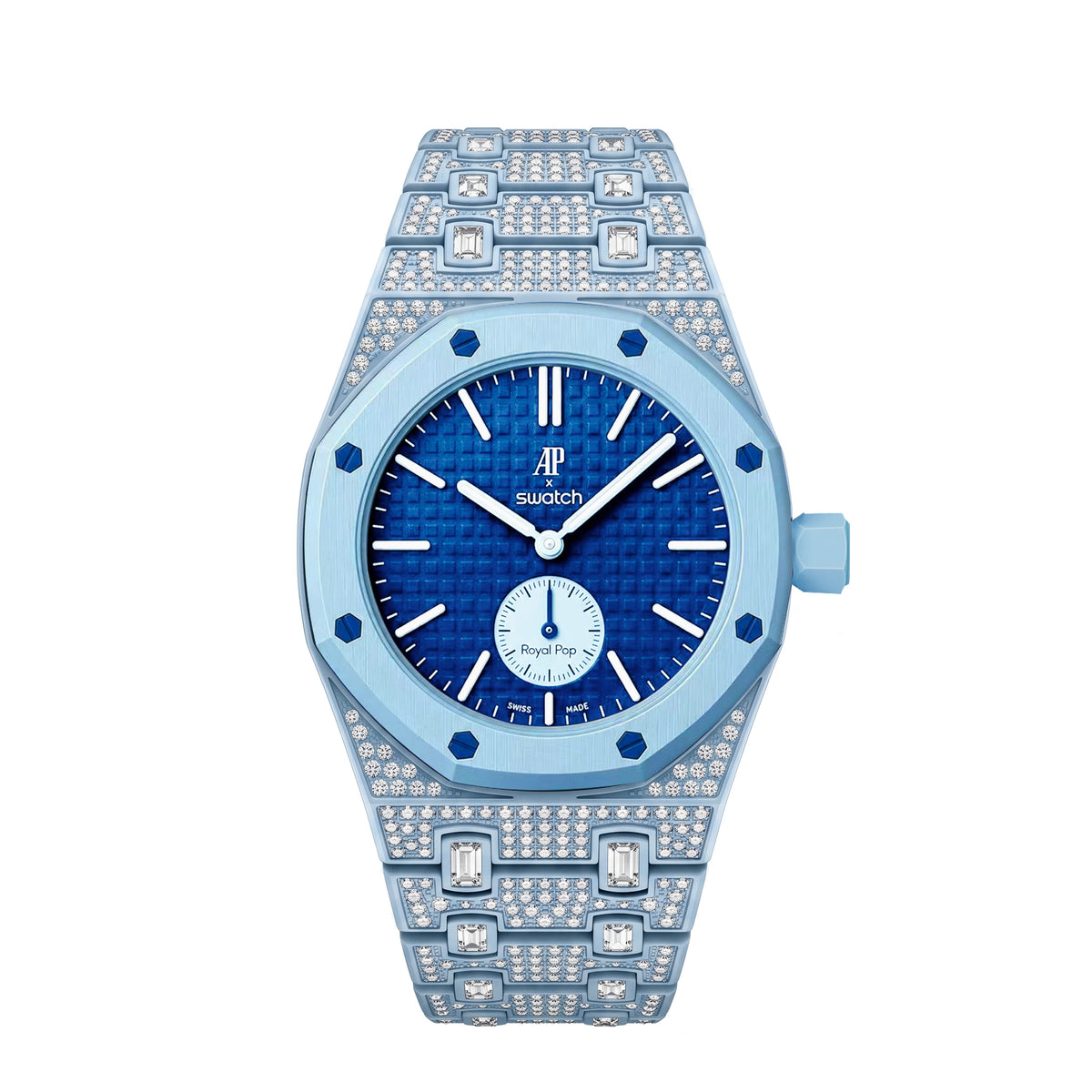 Ceramic Watch Case & Strap for Royal Pop AP Swatch Watch with Stones Blinged Out, Light Blue, view 4