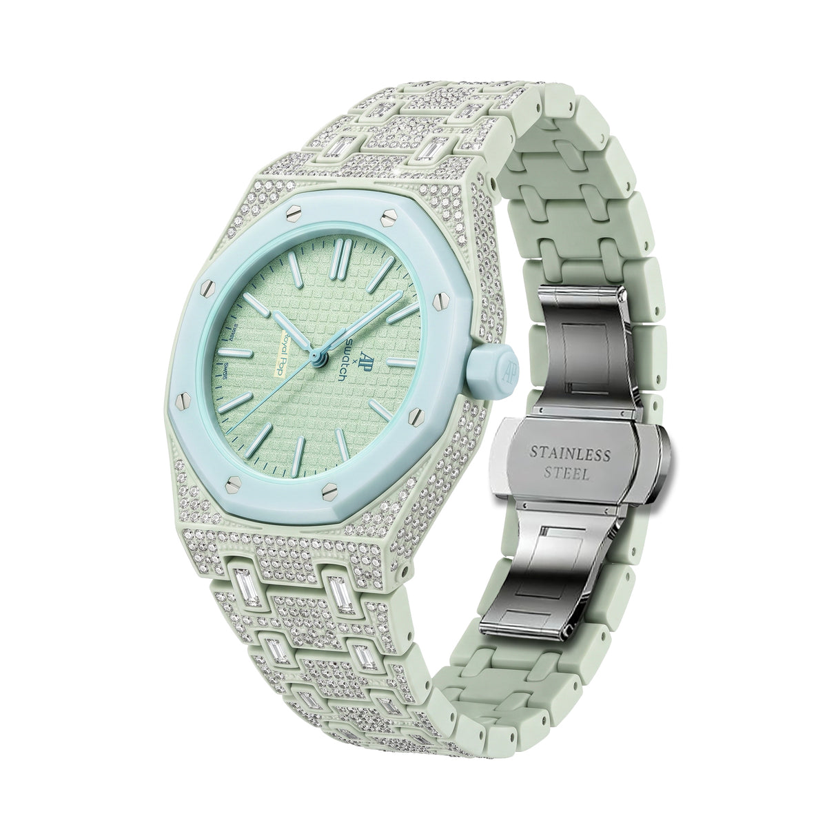 Ceramic Watch Case & Strap for Royal Pop AP Swatch Watch with Stones Blinged Out, Light Green, view 2