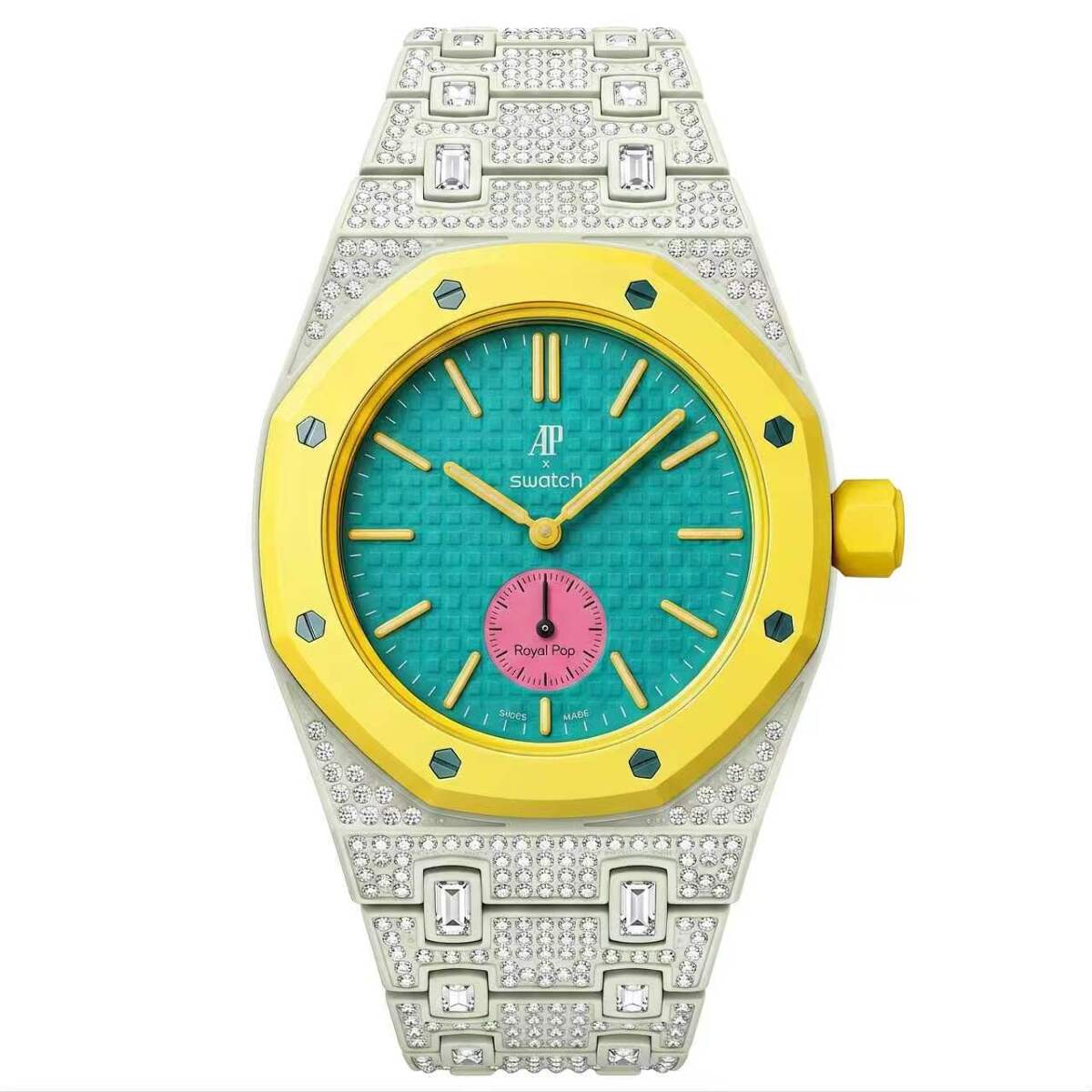 Ceramic Watch Case & Strap for Royal Pop AP Swatch Watch with Stones Blinged Out, Light Green, view 3