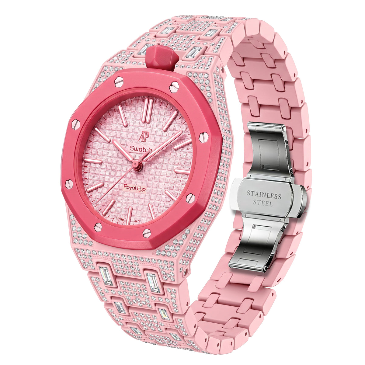 Ceramic Watch Case & Strap for Royal Pop AP Swatch Watch with Stones Blinged Out, Light Pink, view 2