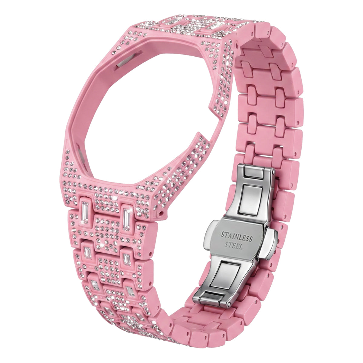 Ceramic Watch Case & Strap for Royal Pop AP Swatch Watch with Stones Blinged Out, Pink