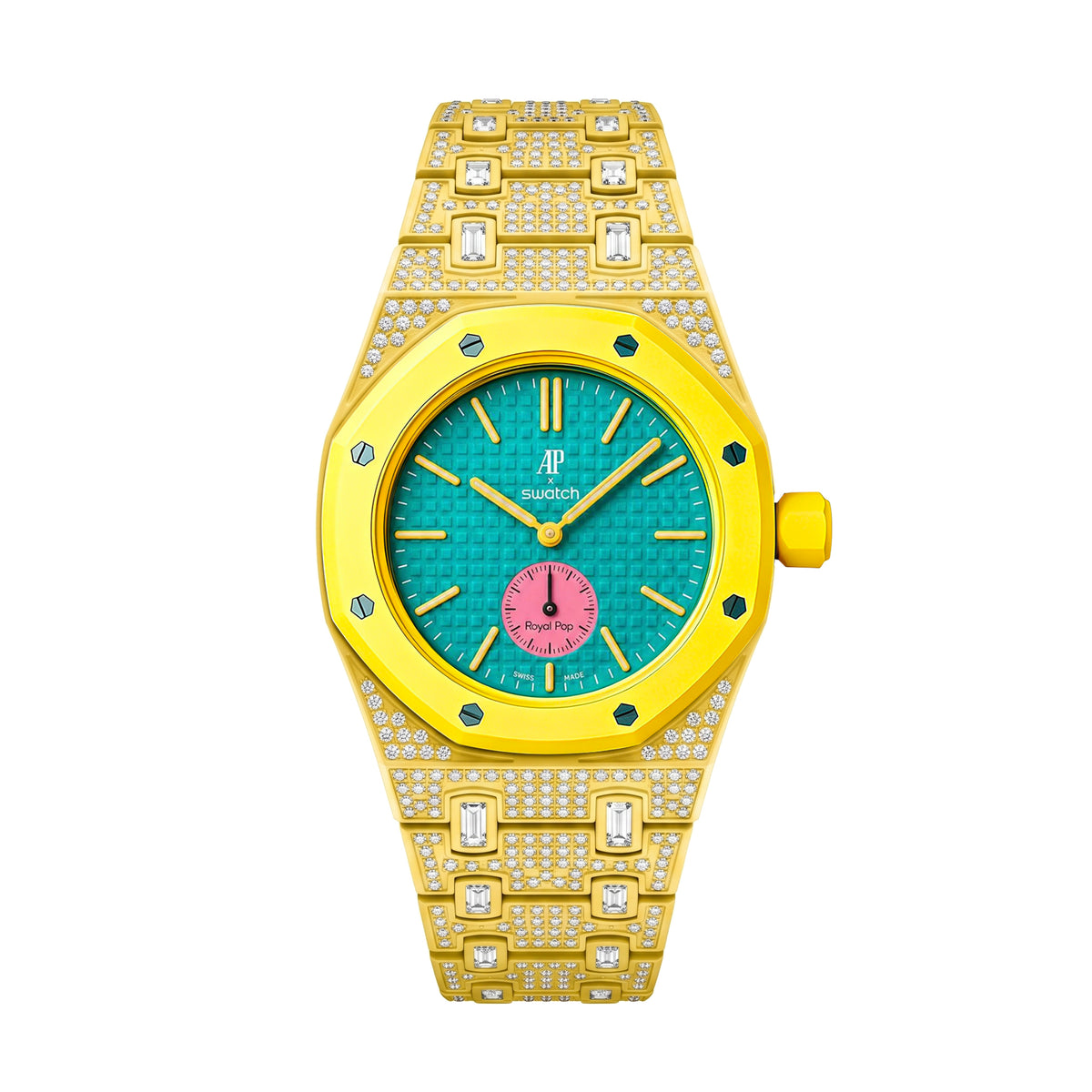 Ceramic Watch Case & Strap for Royal Pop AP Swatch Watch with Stones Blinged Out, Yellow, view 3