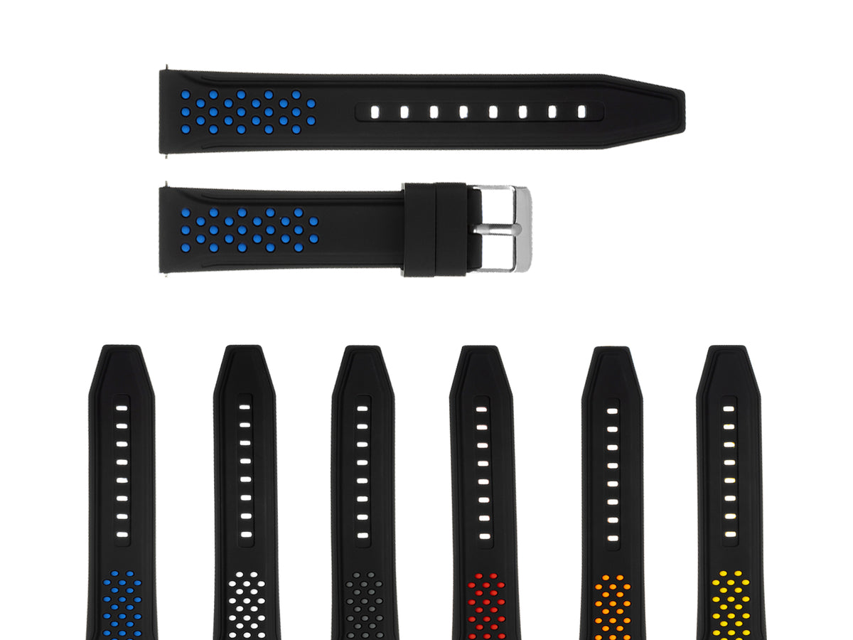 20-22-24-26MM RUBBER WATCH BAND STRAP FOR RALLY RACING PERFORATED STRAIGHT ENDS, Black & Blue
