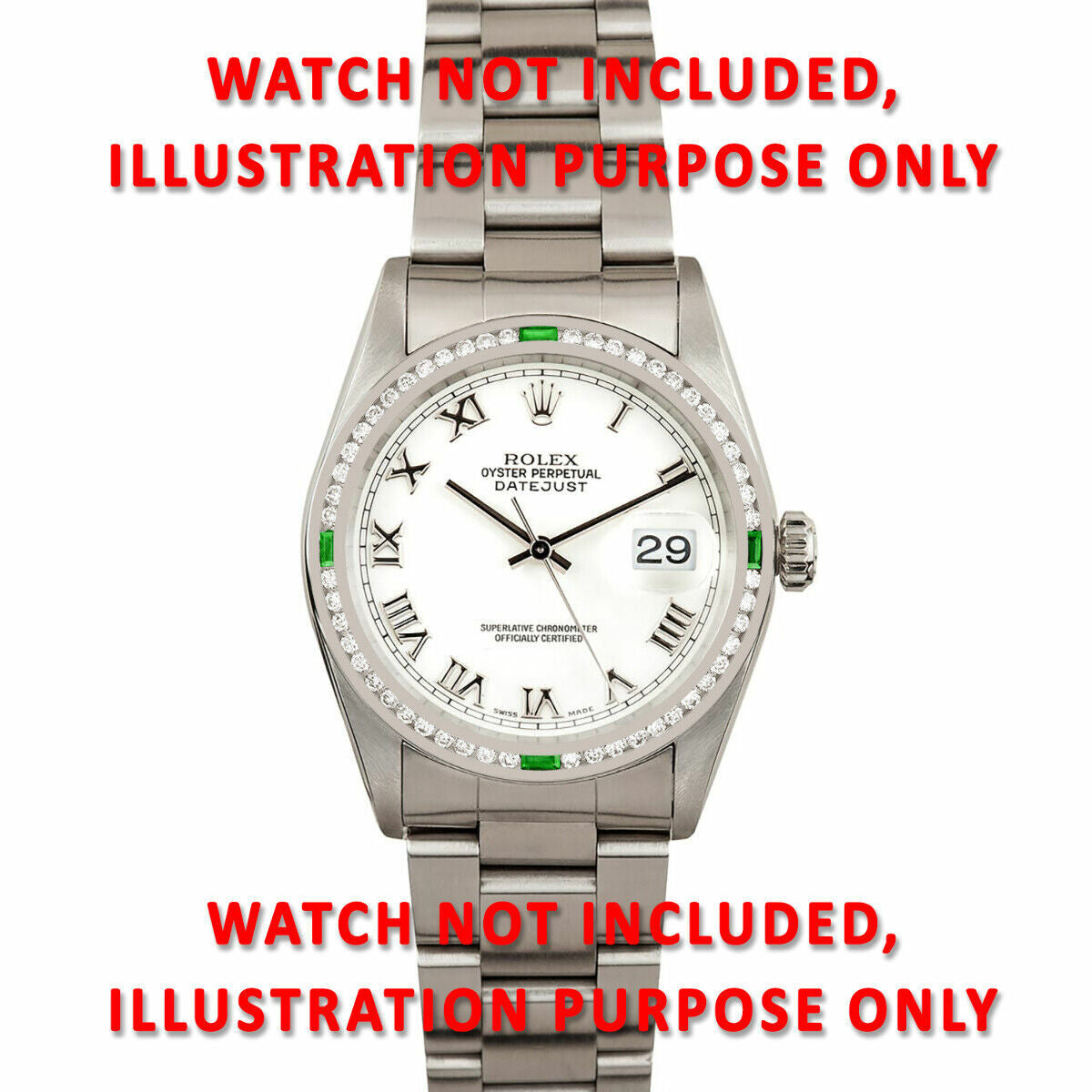 MEN 1.30CT CHANNEL DIAMOND BEZEL 18KW FOR ROLEX DATEJUST, PRESIDENT WITH EMERALD