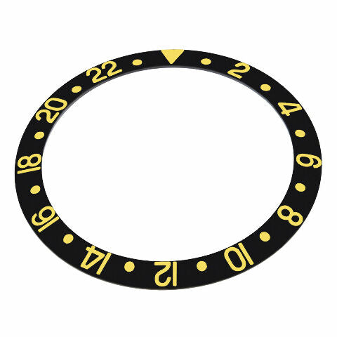 BEZEL INSERT FOR SAPPHIRE MODEL ROLEX GMT MASTER II 16713, 16718 BLACK GOLD FONT