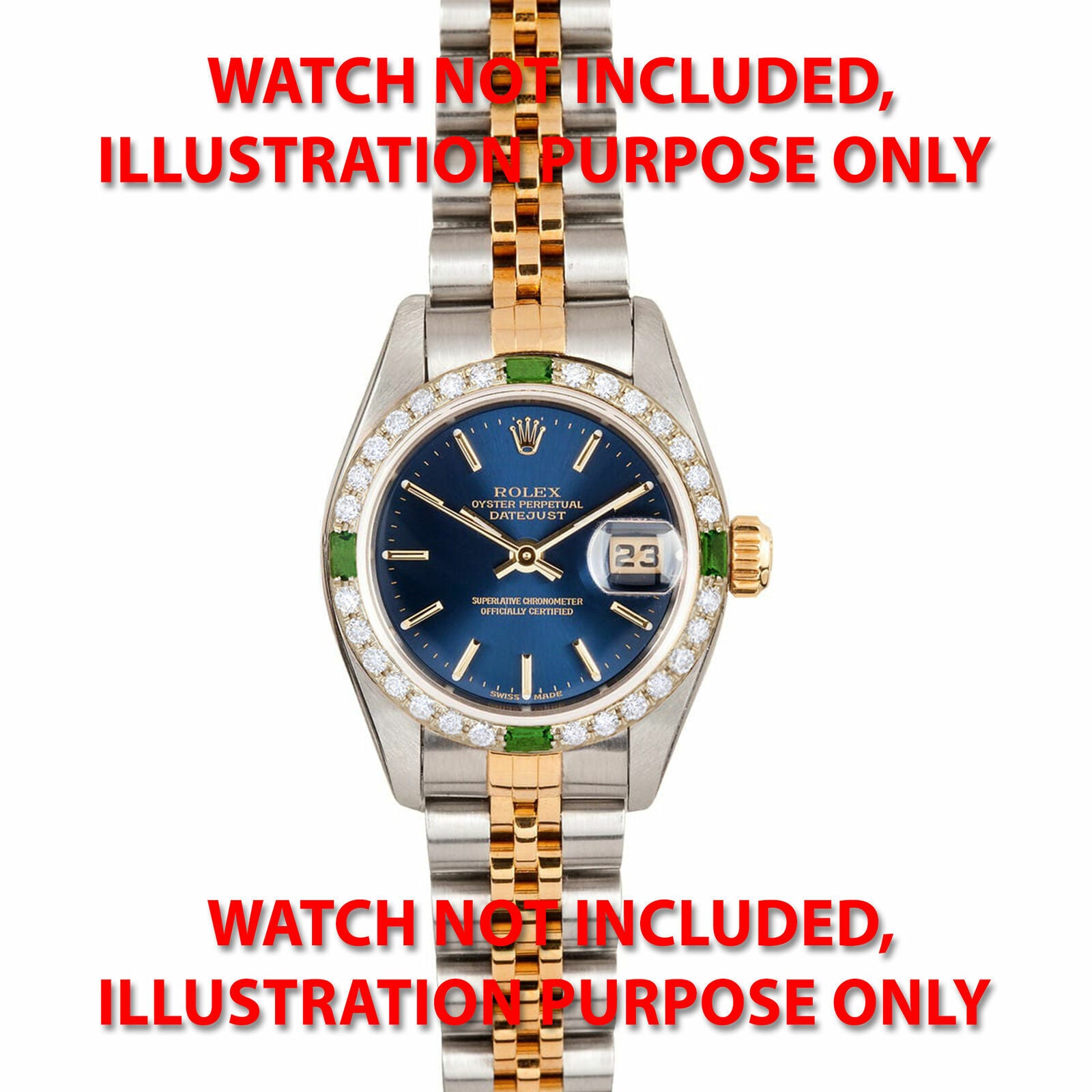 LADIES .70CT DIAMOND BEZEL 18KY FOR ROLEX 26MM DATEJUST WITH 4 SYNTHETIC EMERALD