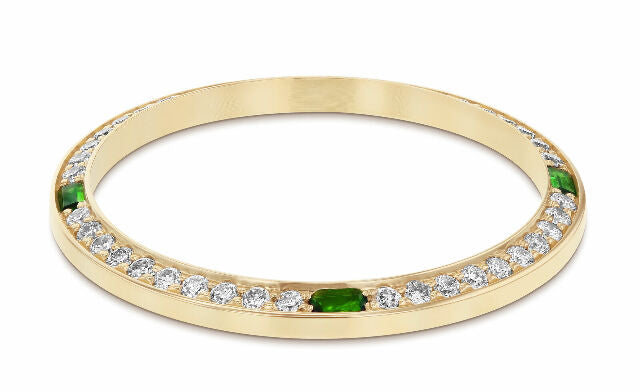 1CT BEAD SET DIAMOND BEZEL FOR ROLEX 31MM DATEJUST WITH 4 EMERALDS YELLOW GOLD