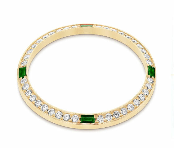 1CT BEAD SET DIAMOND BEZEL FOR ROLEX 31MM DATEJUST WITH 4 EMERALDS YELLOW GOLD