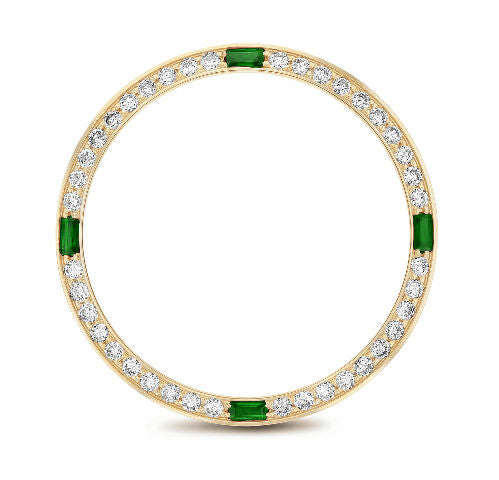 1CT BEAD SET DIAMOND BEZEL FOR ROLEX 31MM DATEJUST WITH 4 EMERALDS YELLOW GOLD