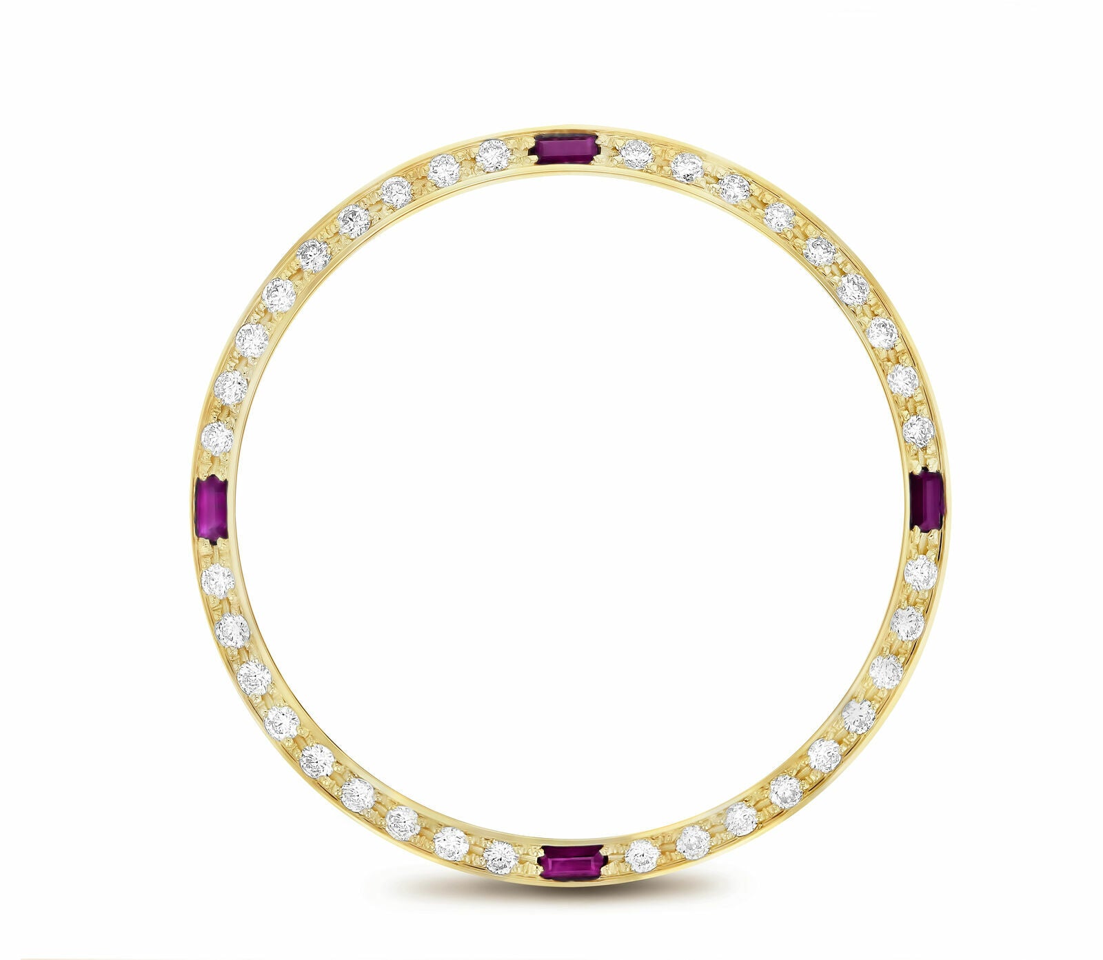 .90CT BEAD SET DIAMOND BEZEL FOR ROLEX DATE 34MM WITH 4 RUBIES 14K YELLOW GOLD