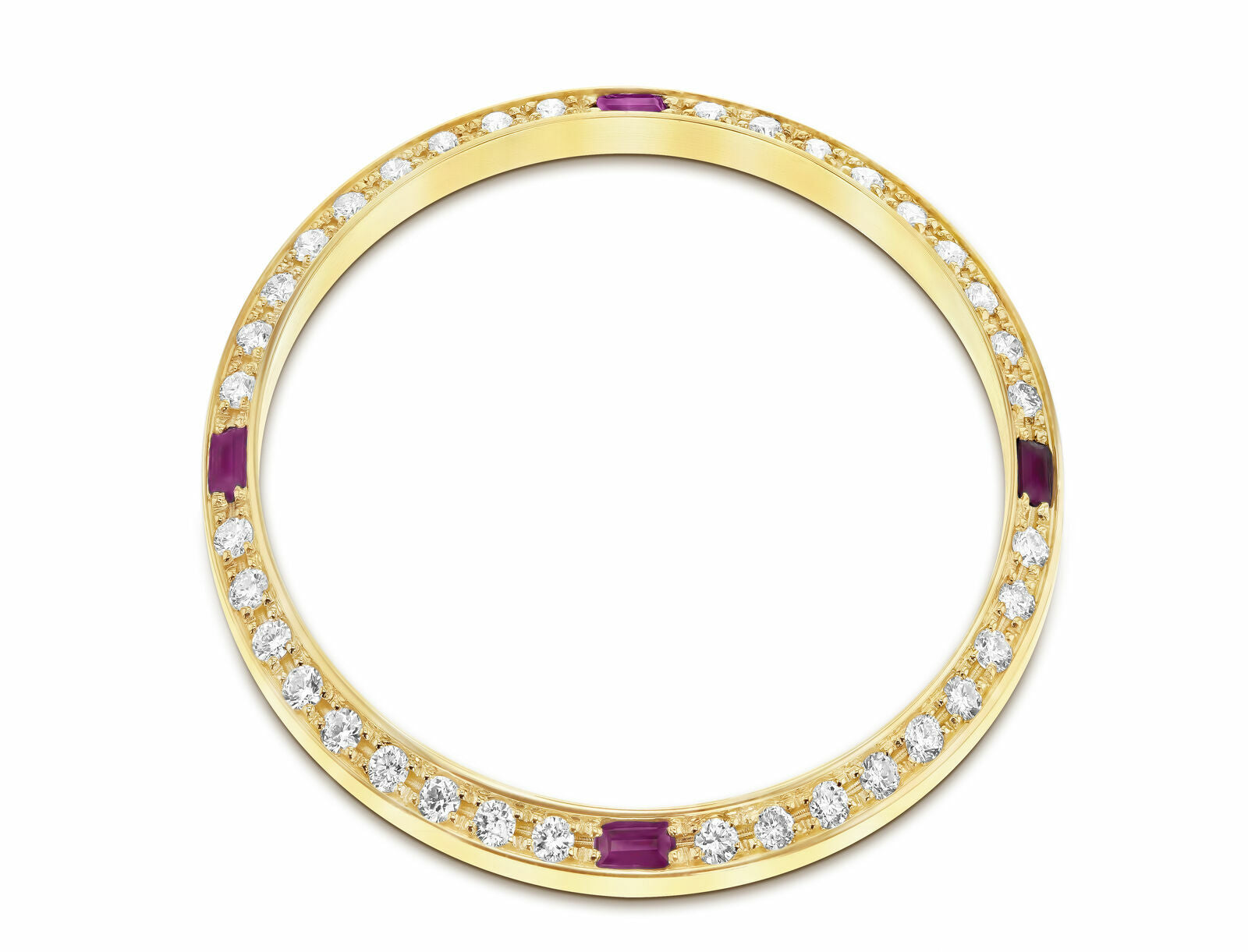 .90CT BEAD SET DIAMOND BEZEL FOR ROLEX DATE 34MM WITH 4 RUBIES 14K YELLOW GOLD