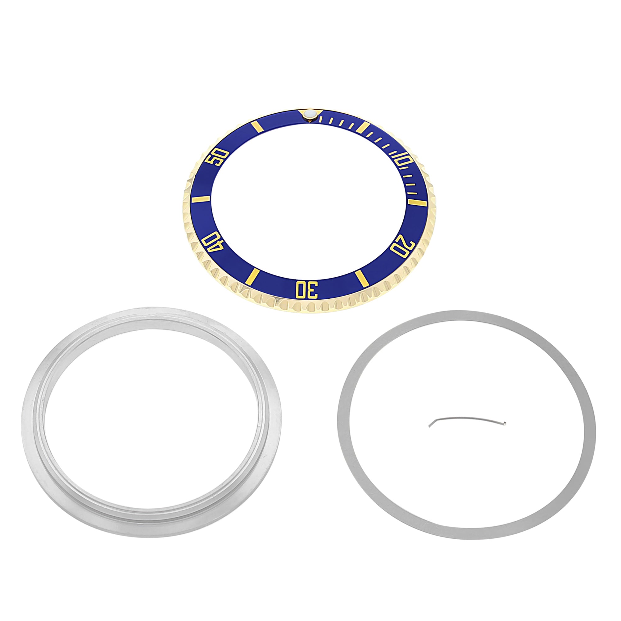 BEZEL, INSERT, RETAINING RING FOR ROLEX SUBMARINER 18K GOLD 16808, 16610 BLUE