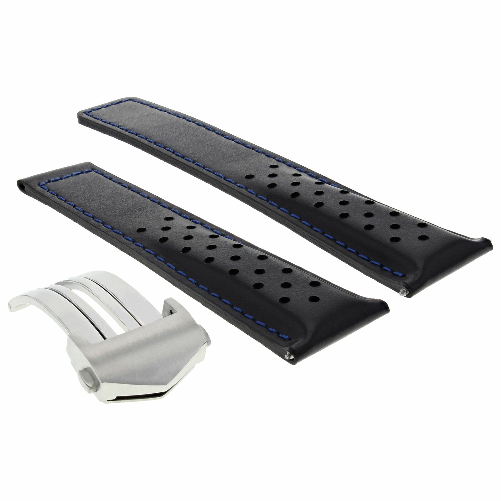 LEATHER WATCH BAND STRAP 19MM FOR TAG HEUER CARRERA WAR201A + CLASP BLACK BLUE