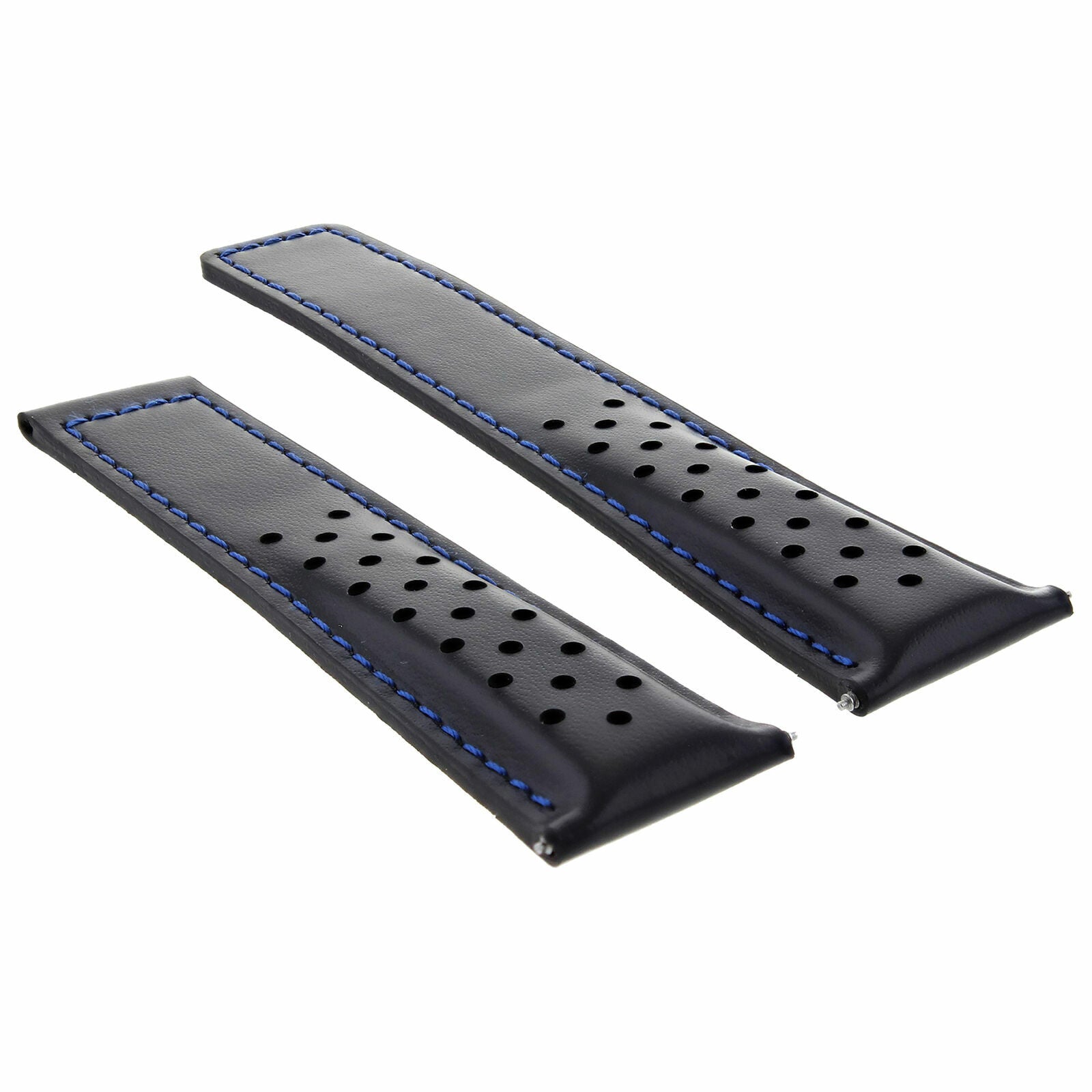 LEATHER WATCH BAND STRAP 20MM FOR TAG HEUER CARRERA PERFORATED BLACK BLUE STITCH
