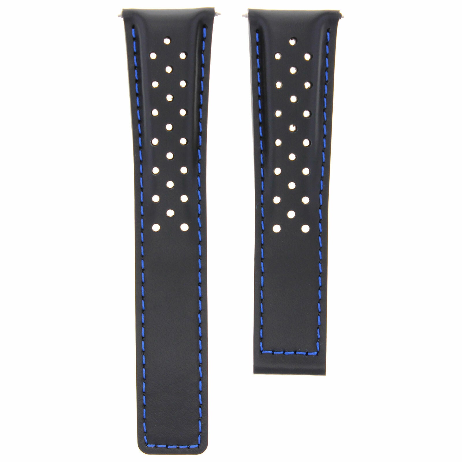 LEATHER WATCH BAND STRAP 20MM FOR TAG HEUER CARRERA PERFORATED BLACK BLUE STITCH
