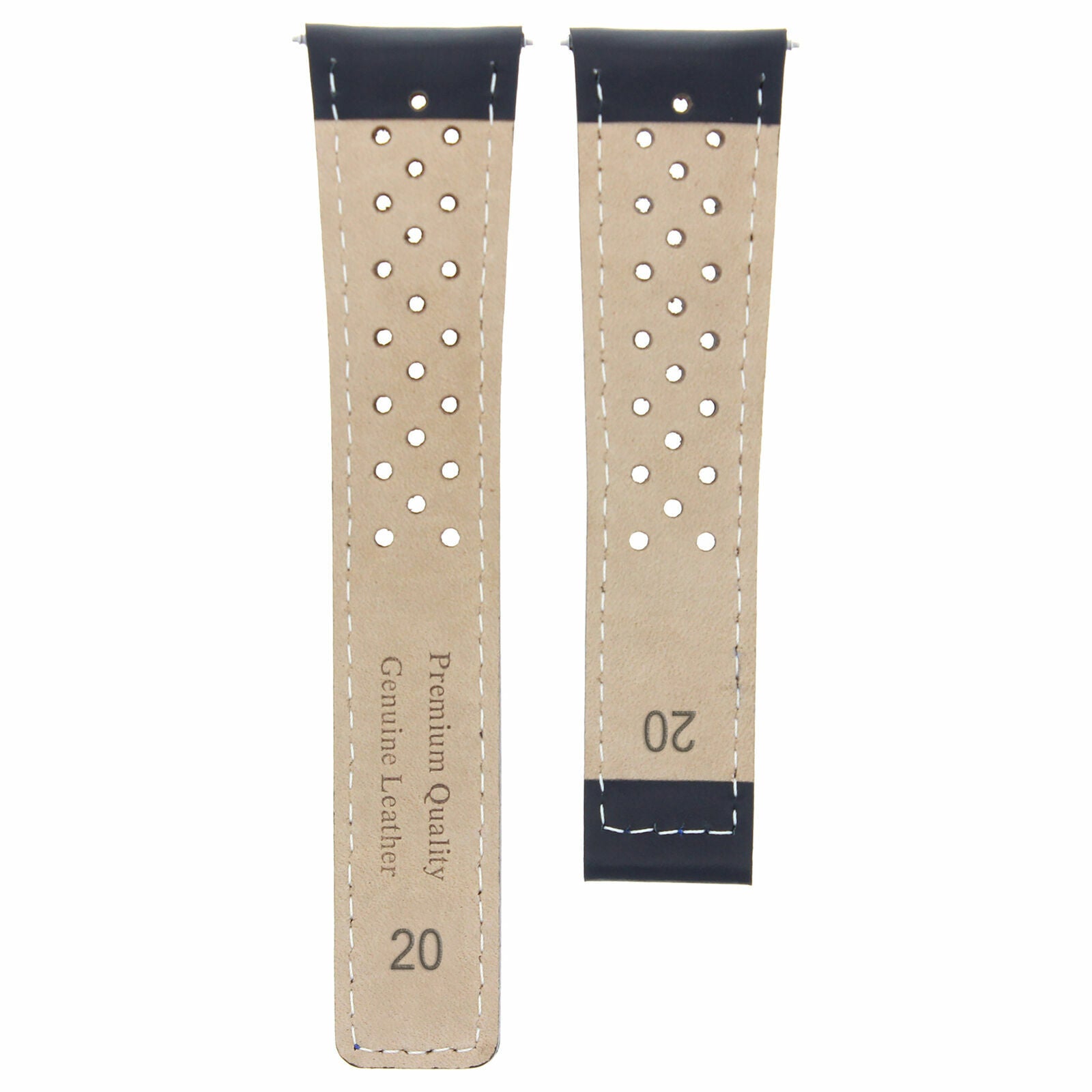 LEATHER WATCH BAND STRAP 20MM FOR TAG HEUER CARRERA PERFORATED BLACK BLUE STITCH