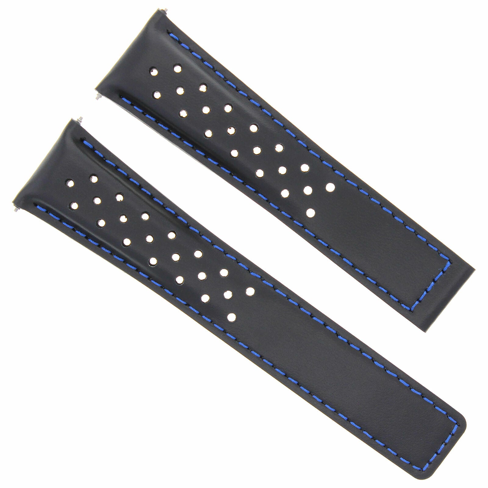 LEATHER WATCH BAND STRAP 20MM FOR TAG HEUER CARRERA PERFORATED BLACK BLUE STITCH