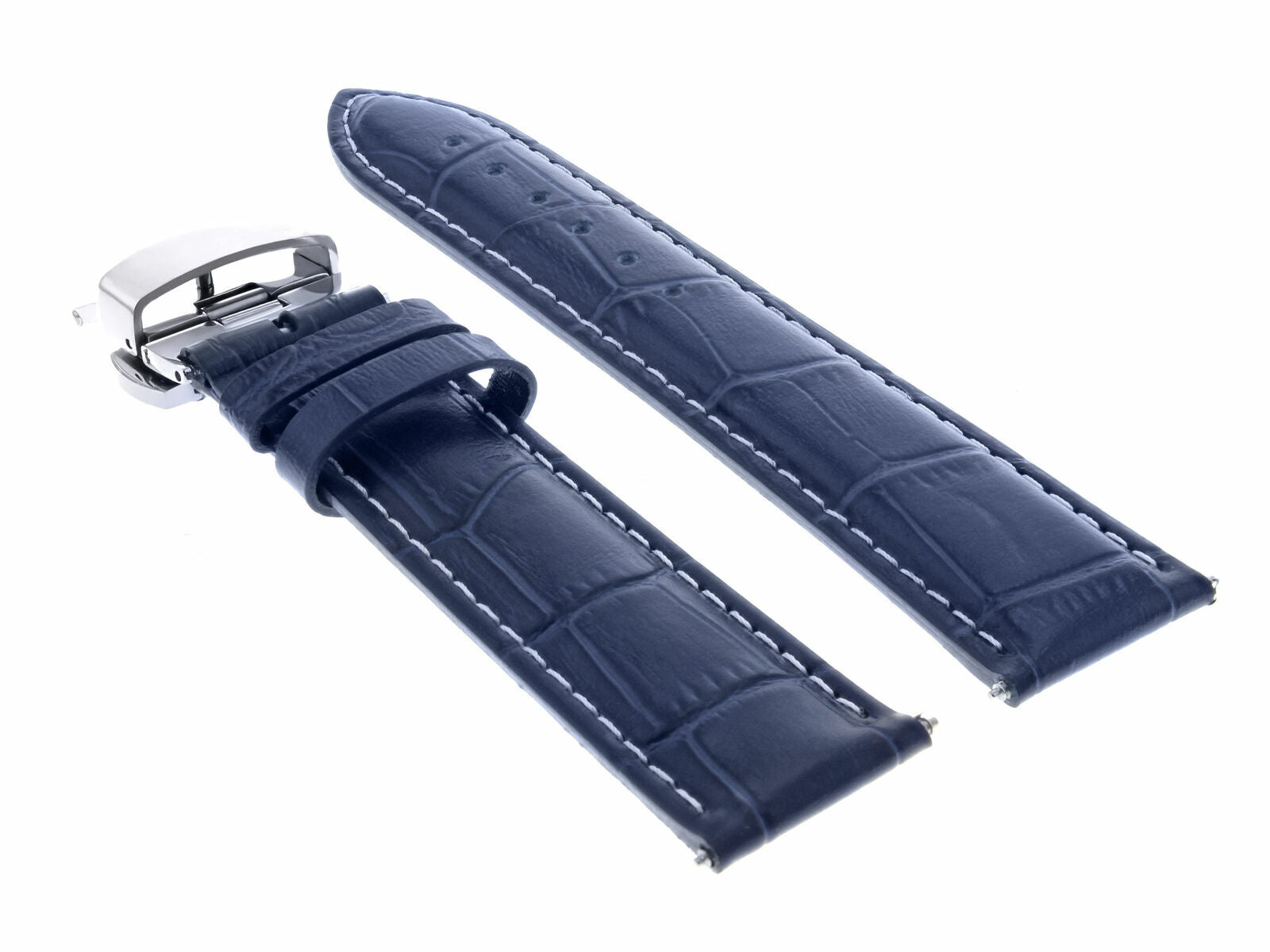 19/16MM LEATHER BAND STRAP BUTTERFLY DEPLOYMENT CLASP FOR OMEGA DEVILLE BLUE WS