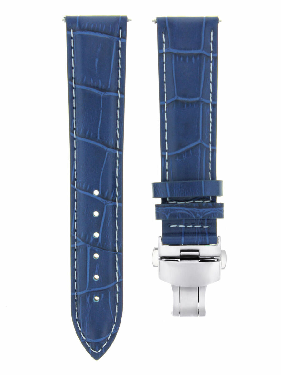 19/16MM LEATHER BAND STRAP BUTTERFLY DEPLOYMENT CLASP FOR OMEGA DEVILLE BLUE WS